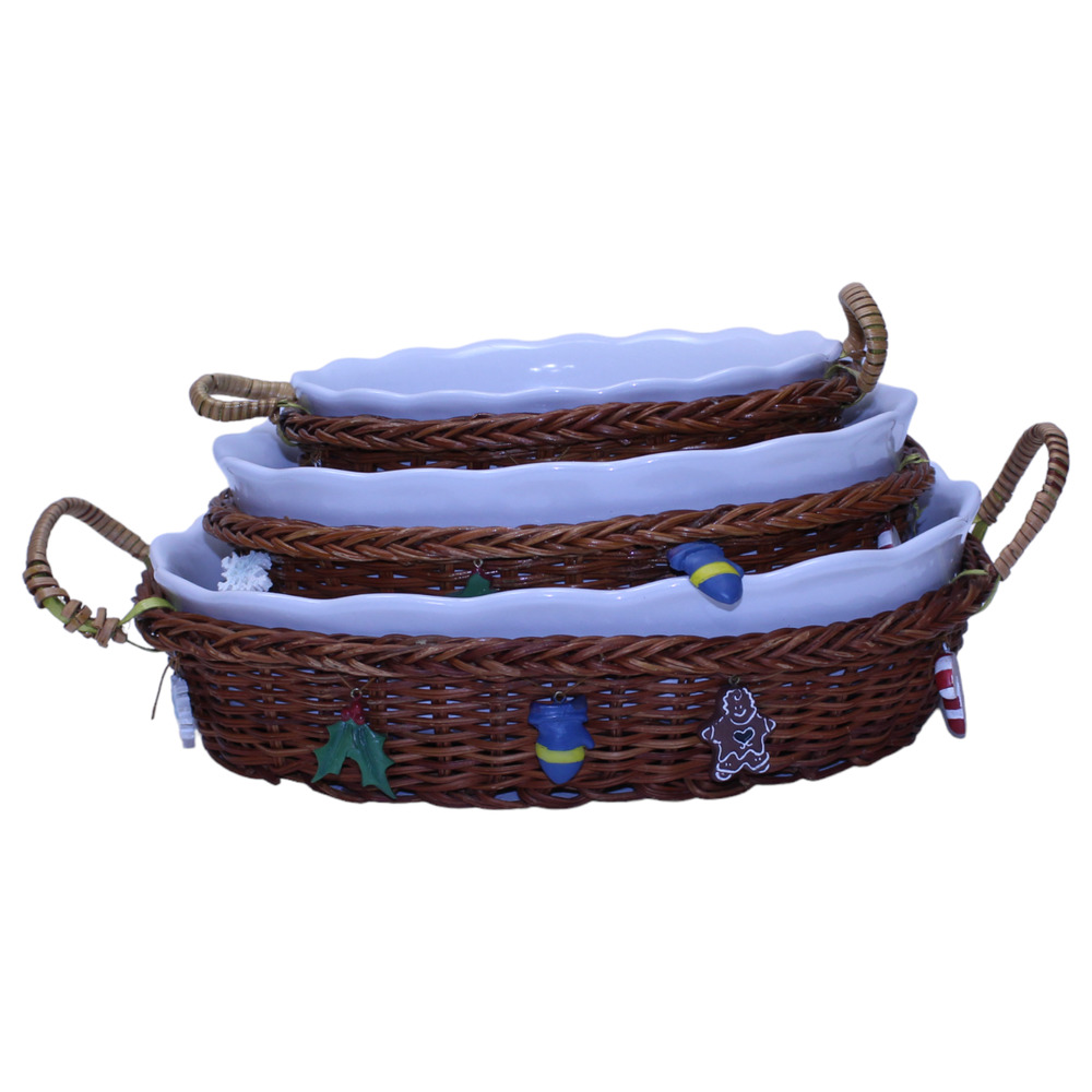 Spinnaker Snowman Serving Dishes Set of 3 With Baskets and Holiday Charms - Picture 2 of 13